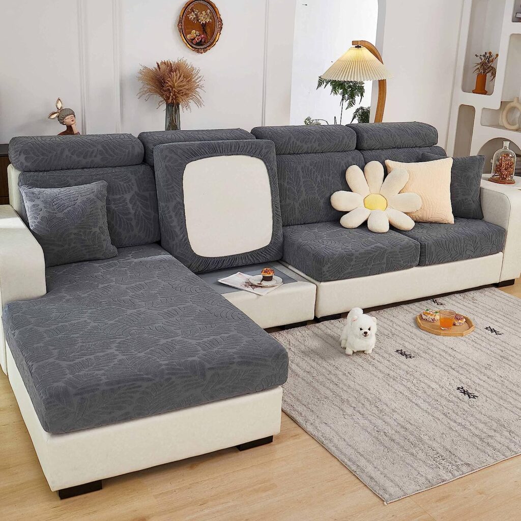 2023 New Wear-Resistant Universal Sofa Cover, Stretch Couch Cushion Slipcovers Replacement, Anti-Slip L Shape Sofa Covers, Chaise Lounge Sofa Slipcover (Leaves Grey,M Back Cover)