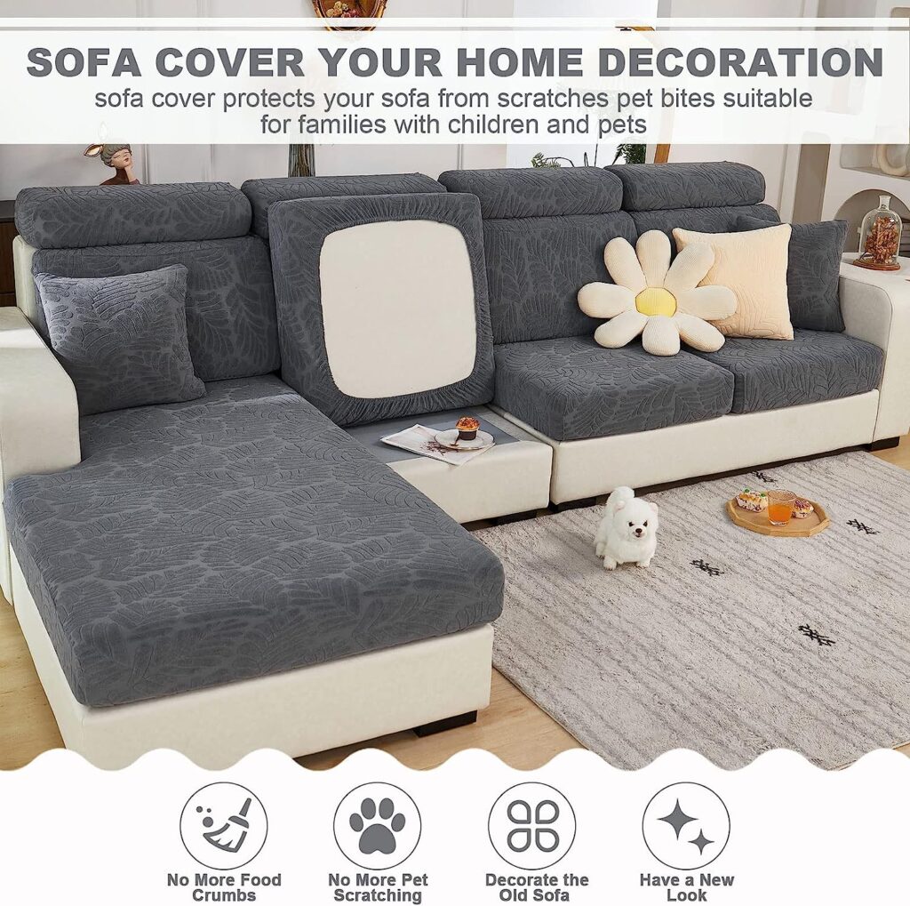 2023 New Wear-Resistant Universal Sofa Cover, Stretch Couch Cushion Slipcovers Replacement, Anti-Slip L Shape Sofa Covers, Chaise Lounge Sofa Slipcover (Leaves Grey,M Back Cover)