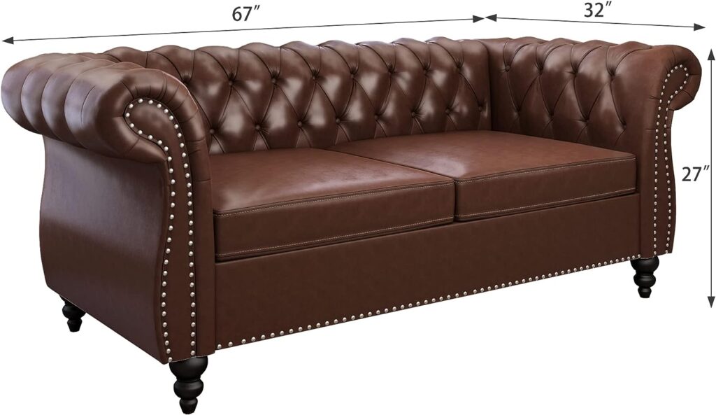 3 Piece Living Room Set, Chesterfield Leather Sofa Loveseat Couch Chair with Scroll Arms and Nailhead for Living Room, Office (Dark Brown)