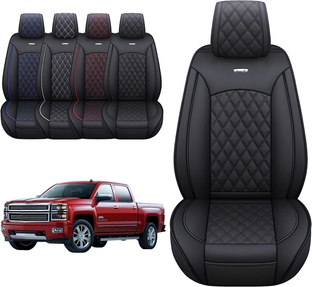 Aierxuan Chevy Silverado GMC Sierra 2 Front Seat Covers Pickup Custom Fit 2007-2024 1500 2500HD 3500HD Crew Double Extended Cab Waterproof Leather Seat Protectors(2 PCS Front, Black)