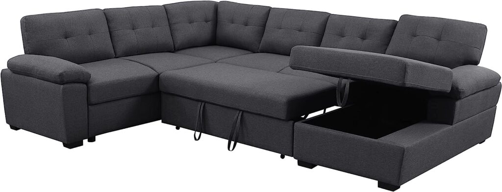 Alexent 5-Seat Modern Fabric Sleeper Sectional Sofa Bed with Pull-Out Bed with Storage Chaise Lounge in Dark Gray Color for Space Saving on Apartment, Living Room, Home Office, Guest Room