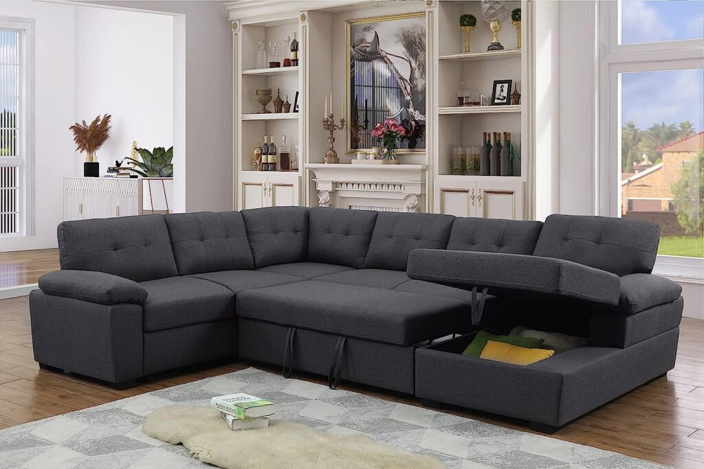 Alexent 5-Seat Modern Fabric Sleeper Sectional Sofa Bed with Pull-Out Bed with Storage Chaise Lounge in Dark Gray Color for Space Saving on Apartment, Living Room, Home Office, Guest Room