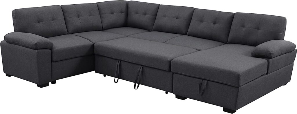 Alexent 5-Seat Modern Fabric Sleeper Sectional Sofa Bed with Pull-Out Bed with Storage Chaise Lounge in Dark Gray Color for Space Saving on Apartment, Living Room, Home Office, Guest Room