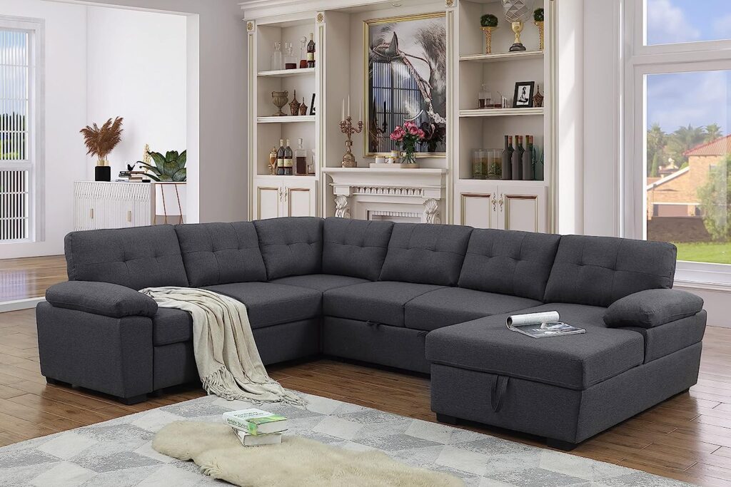 Alexent 5-Seat Modern Fabric Sleeper Sectional Sofa Bed with Pull-Out Bed with Storage Chaise Lounge in Dark Gray Color for Space Saving on Apartment, Living Room, Home Office, Guest Room