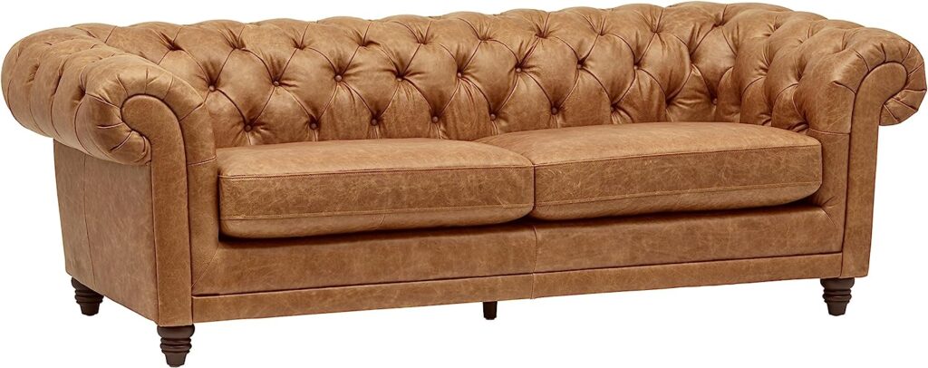 Amazon Brand - Stone  Beam Bradbury Chesterfield Tufted Leather Sofa Couch, 92.9W, Cognac