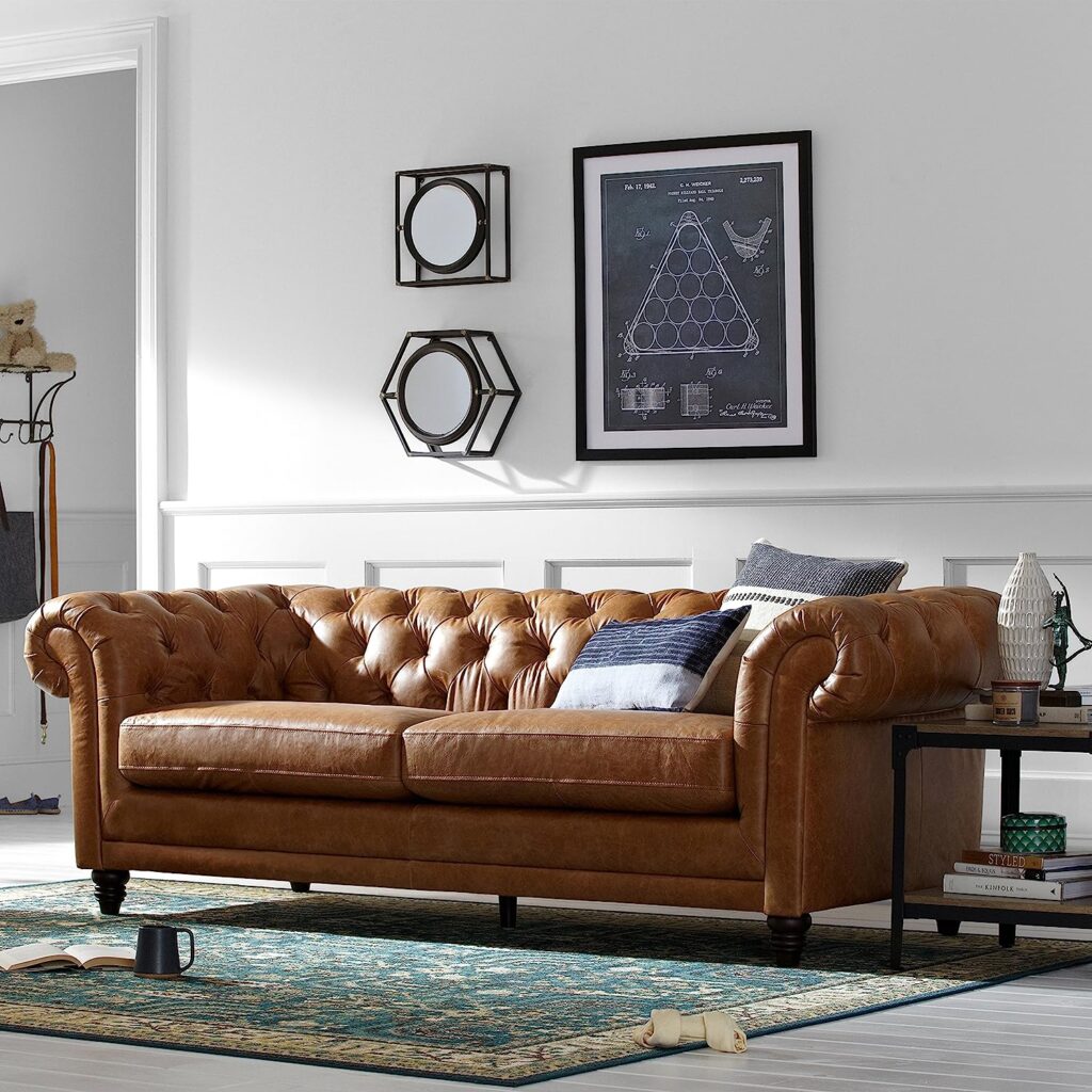 Amazon Brand - Stone  Beam Bradbury Chesterfield Tufted Leather Sofa Couch, 92.9W, Cognac