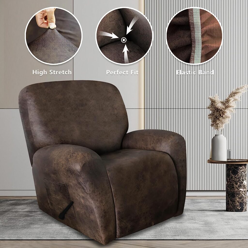 ANARACHON Leather Like Recliner Chair Covers Heavy Duty, 4 Pieces Lazy Boy Recliner Cover for Recliner Chair, Leather Cover for Recliner slipcovers Washable for Pets (Dark Brown)