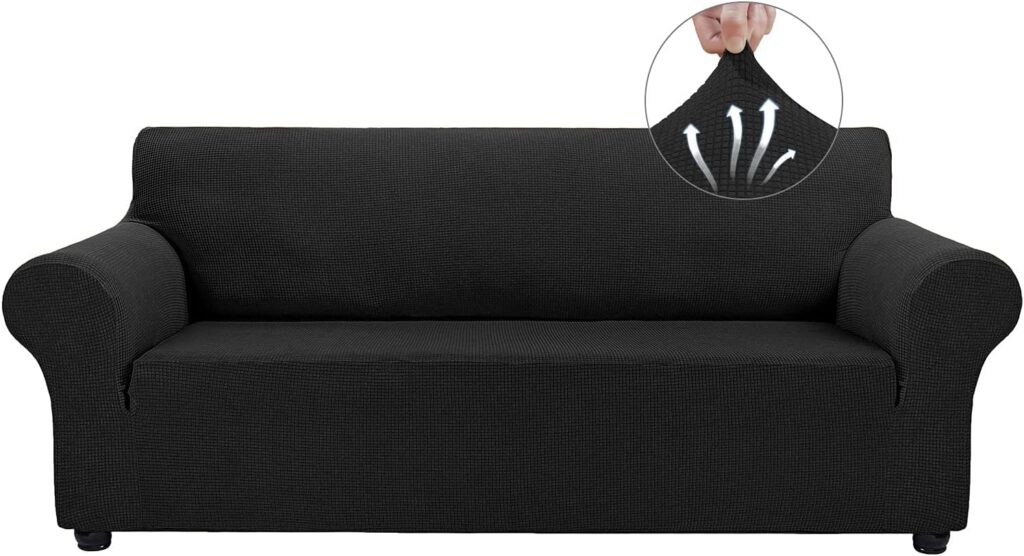 Asnomy Couch Covers for 3 Cushion Couch Stretch Sofa Covers Slipcovers, Pet Protector Furniture Covers for Dogs Cats Spandex Jacquard Fabric Small Checksï¼Largeï¼ Blackï¼