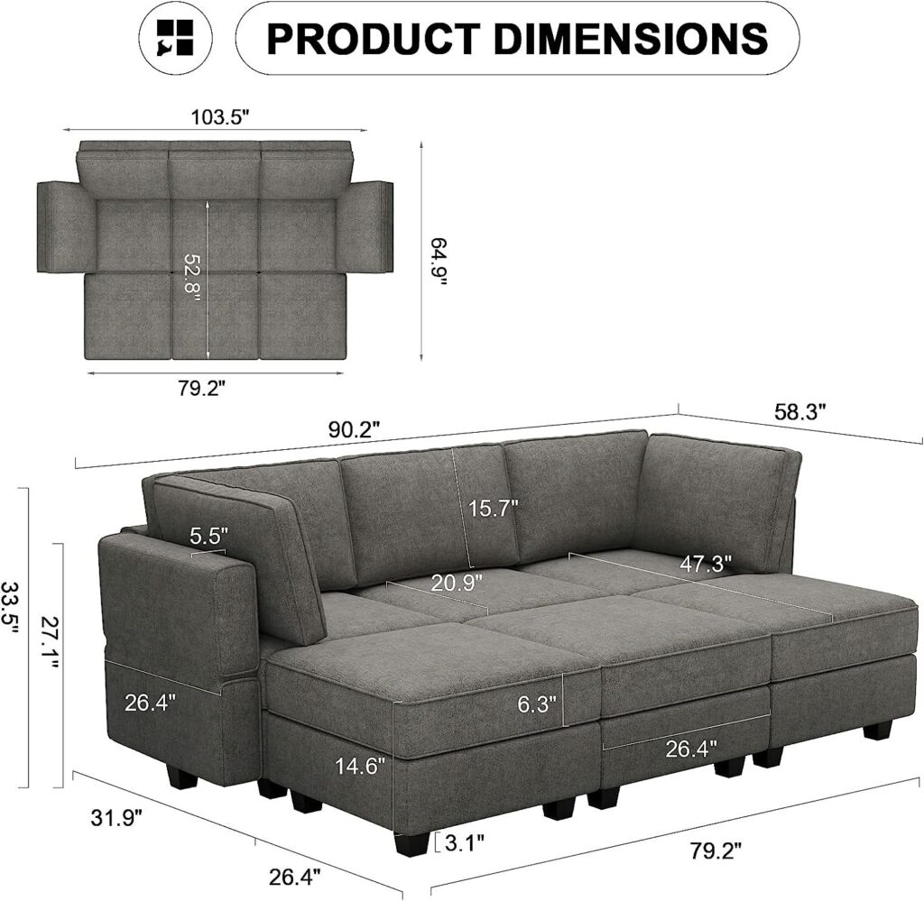 Belffin Sectional Sleeper Bed Modular Sectional Sleeper Sofa Convertible Sectional Couch Bed Set Grey