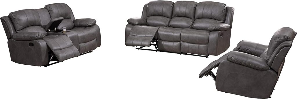 Betsy Furniture 3PC Bonded Leather Recliner Set, Sofa, Loveseat, Chair 8018 (Grey, Living Room Set 3+2+1)