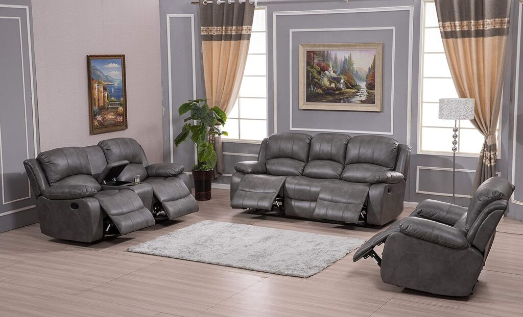 Betsy Furniture 3PC Bonded Leather Recliner Set, Sofa, Loveseat, Chair 8018 (Grey, Living Room Set 3+2+1)