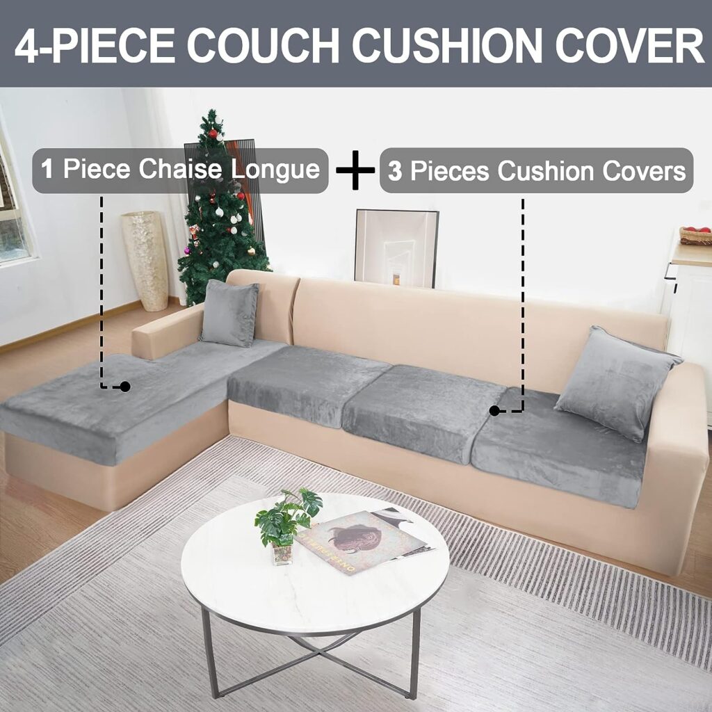 BT.WA Sectional Couch Covers for 4-Piece Seat Cushion Velvet Sofa Cushion Cover L Shape Separated Couch Slipcover with 2 Pcs Pillowcases Furniture Protector (Sofa 3 Seater + 1 Chaise, Light Grey)