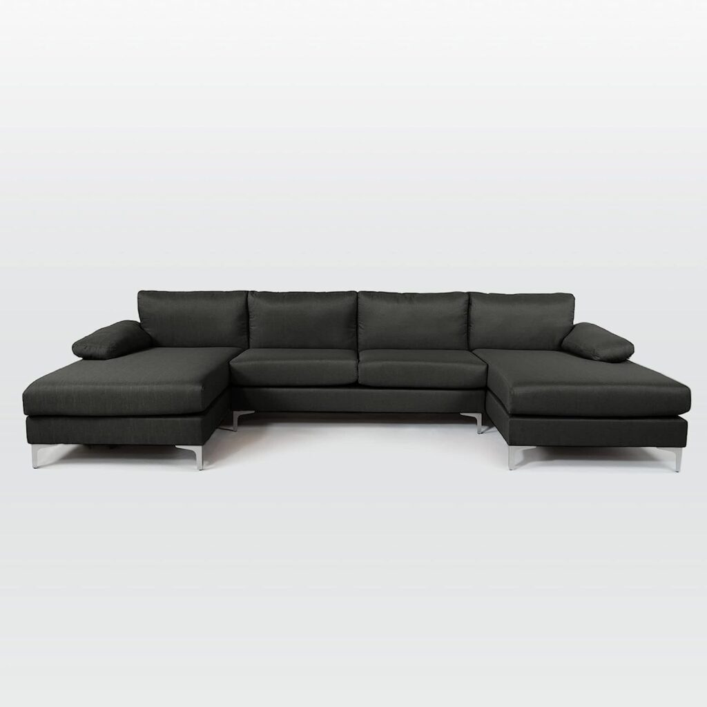 Casa Andrea Milano Modern Large Linen Fabric U-Shape Sectional Sofa, Double Extra Wide Chaise Lounge Couch, Dark Grey