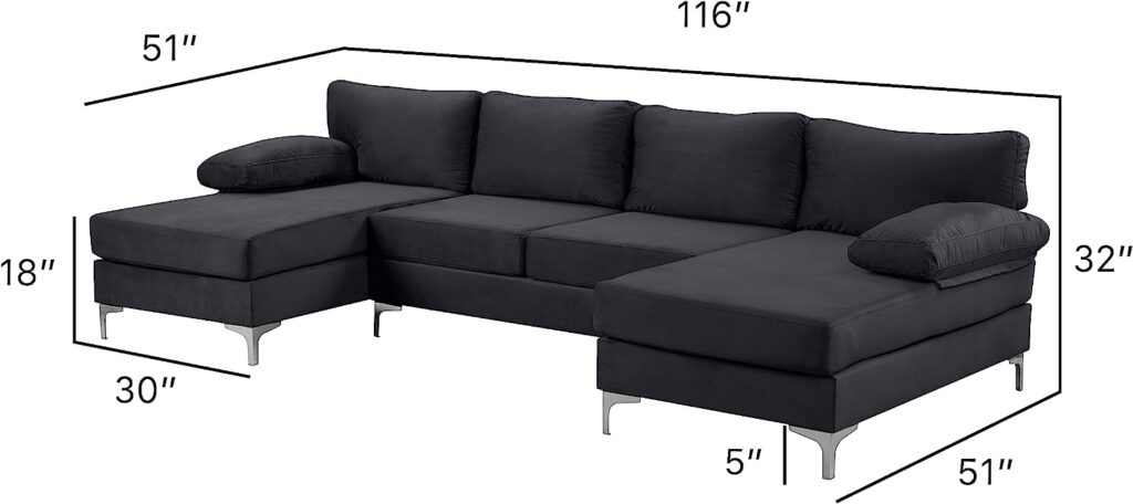 Casa AndreaMilano Modern Large Velvet Fabric U-Shape Sectional Sofa, Double Extra Wide Chaise Lounge Couch