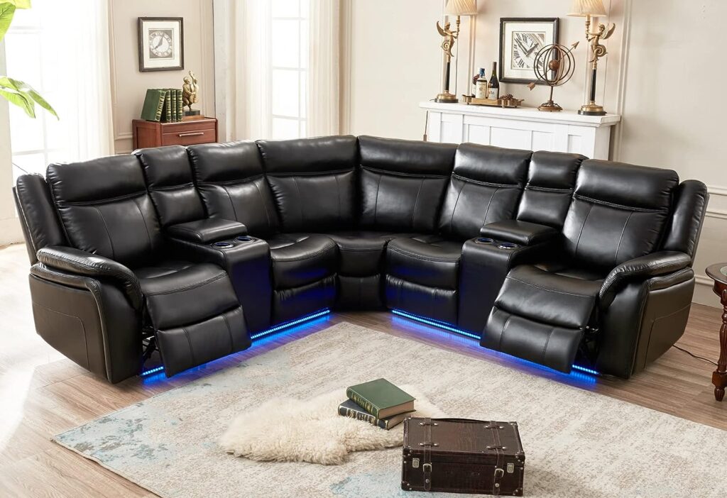 Comfort Stretch L Shape Living Room Power Recliner Sectional Sofa Couch, Smart Faux Leather Big Curve Home Theater Office Furniture Set w 2 Comfy Recline Seat LED USB Cup Holder Storage Console, Black