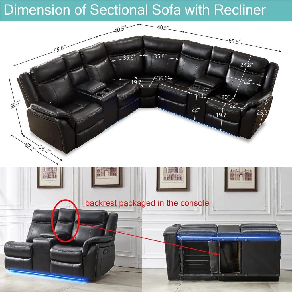 Comfort Stretch L Shape Living Room Power Recliner Sectional Sofa Couch, Smart Faux Leather Big Curve Home Theater Office Furniture Set w 2 Comfy Recline Seat LED USB Cup Holder Storage Console, Black