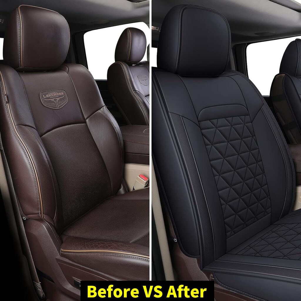 Coverado Car Seat Covers Full Set, Dodge RAM Seat Cover Waterproof Leather Protector Fit 2002-2023 1500 2010-2023 2500 3500 Truck Pickup Crew Quad Cab with Curved Back Bench, Black