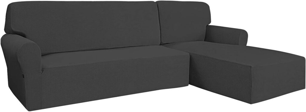 Easy-Going Stretch Sofa Slipcover 2 Pieces L-Shaped Sofa Cover Sectional Couch Cover for Living Room Jacquard Fabric Chaise Cover with Elastic Bottom for Dogs Kids (Small,Dark Gray)