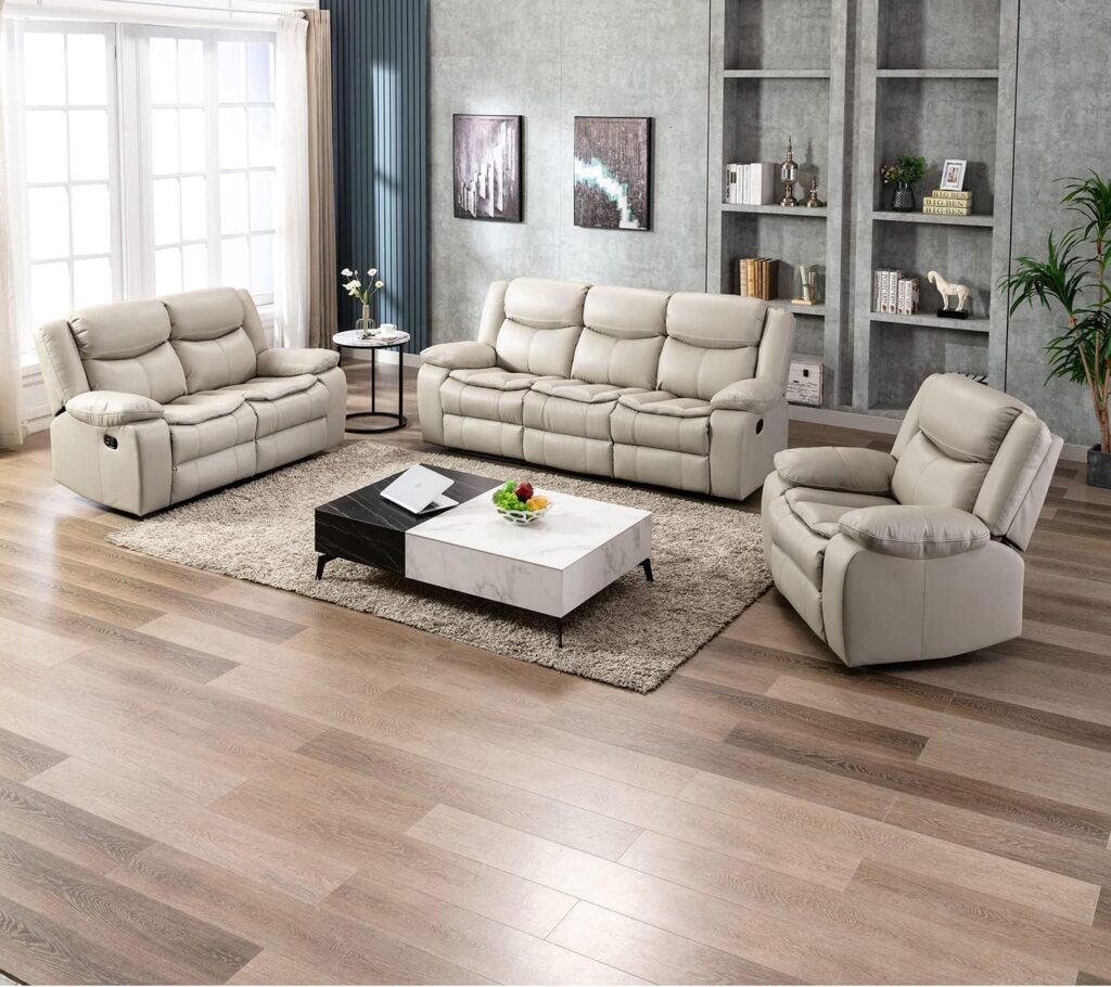 Familymill Breathable Leather Manual Reclining Sofa Sets with 1-Seat Sofa Chair,Loveseat,and 3-Seat Sofa, Living Room Set, Cream