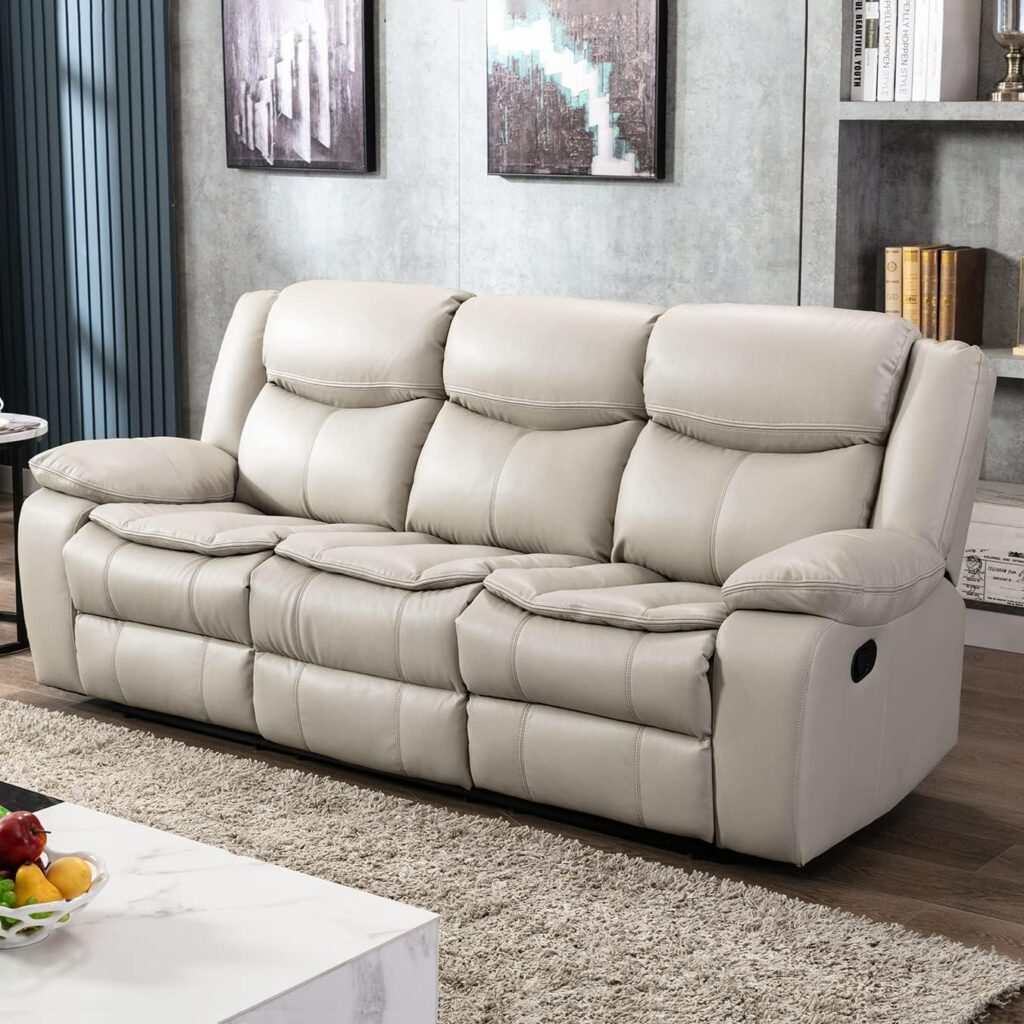 Familymill Breathable Leather Manual Reclining Sofa Sets with 1-Seat Sofa Chair,Loveseat,and 3-Seat Sofa, Living Room Set, Cream