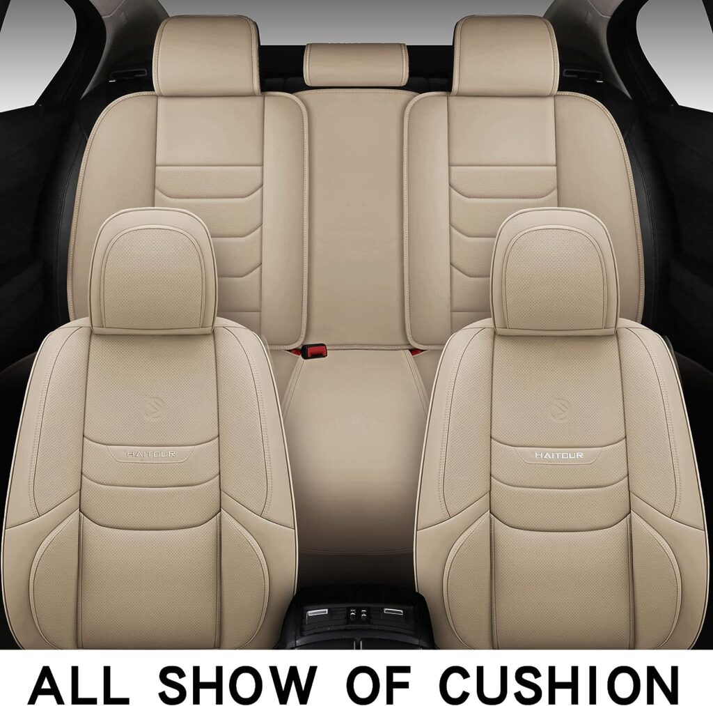 HAITOUR Full Coverage Leather Car Seat Covers Full Set Universal Fit for Most Cars Sedans Trucks SUVs with Waterproof Leatherette in Automotive Seat Cover Accessories (Full Set, Beige)