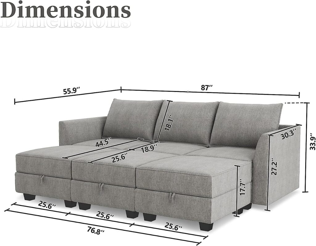 HONBAY Convertible Modular Sectional Sofa with Ottomans Polyester Fabric Sleeper Sectional Couch with Chaise and Storage 6 Seat Sectional Sofa for Living Room, Grey