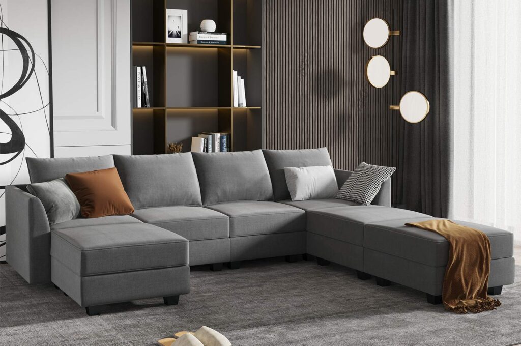 HONBAY Modular Sectional Couch U Shaped Modular Sofa with Storage Seat Convertible Modular Sectional Sofa Set with Wide Chaises, Grey