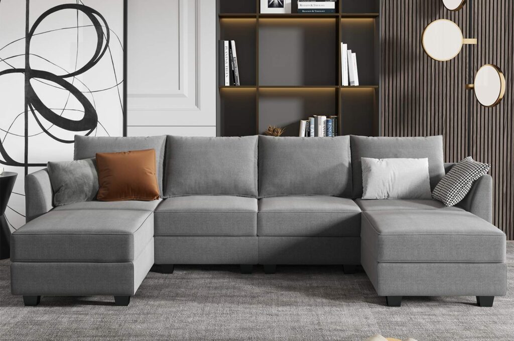 HONBAY Modular Sectional Couch U Shaped Modular Sofa with Storage Seat Convertible Modular Sectional Sofa Set with Wide Chaises, Grey