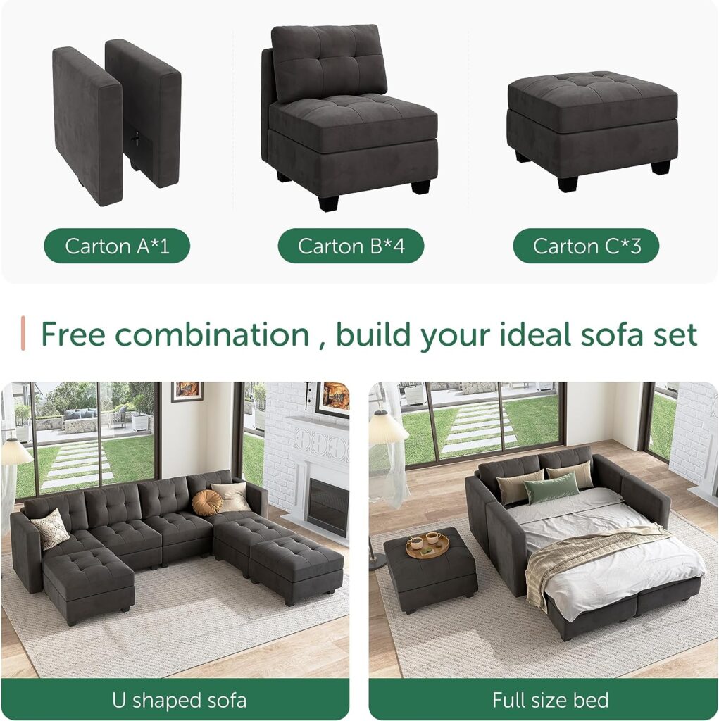 HONBAY Modular Sectional Sofa Oversized U Shaped Couch with Storage Seat Velvet 7 Seater Modular Sofa with Reversible Chaises, Grey