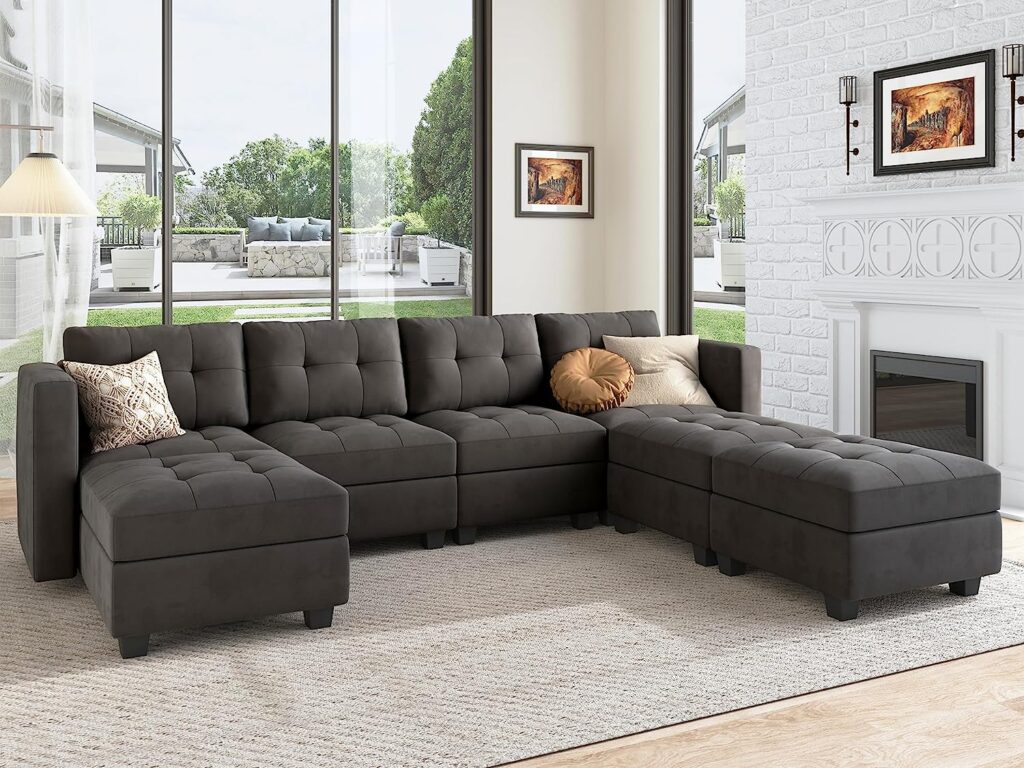 HONBAY Modular Sectional Sofa Oversized U Shaped Couch with Storage Seat Velvet 7 Seater Modular Sofa with Reversible Chaises, Grey