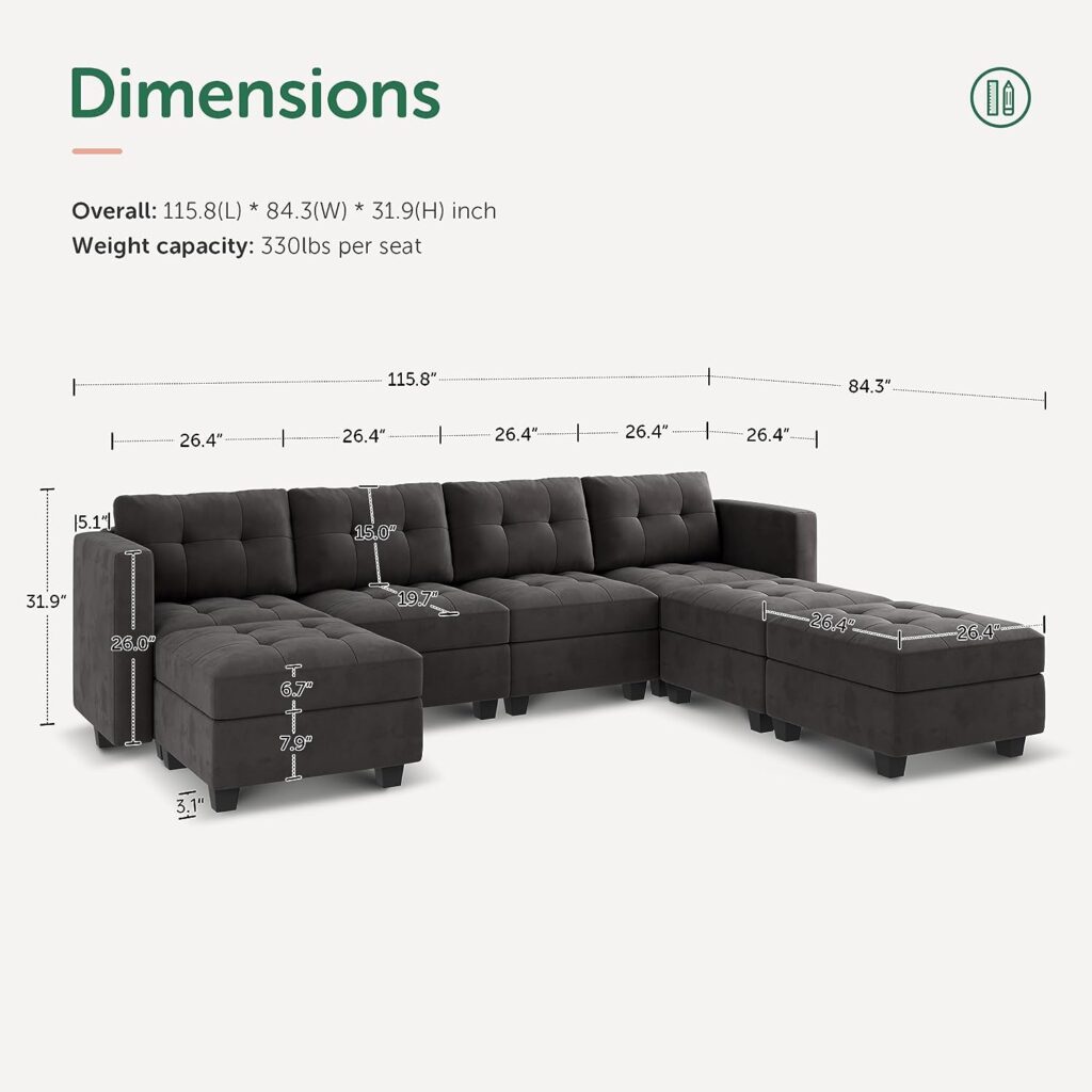 HONBAY Modular Sectional Sofa Oversized U Shaped Couch with Storage Seat Velvet 7 Seater Modular Sofa with Reversible Chaises, Grey