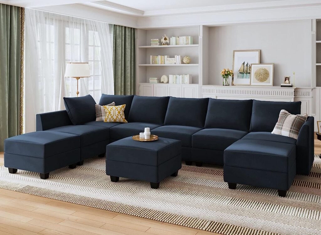 HONBAY Modular Sectional Sofa Set Oversized U Shaped Couch with Storage Ottoman Convertible Sleeper Sectional Sofa Velvet Modular Couch with Wide Chaise, Dark Blue