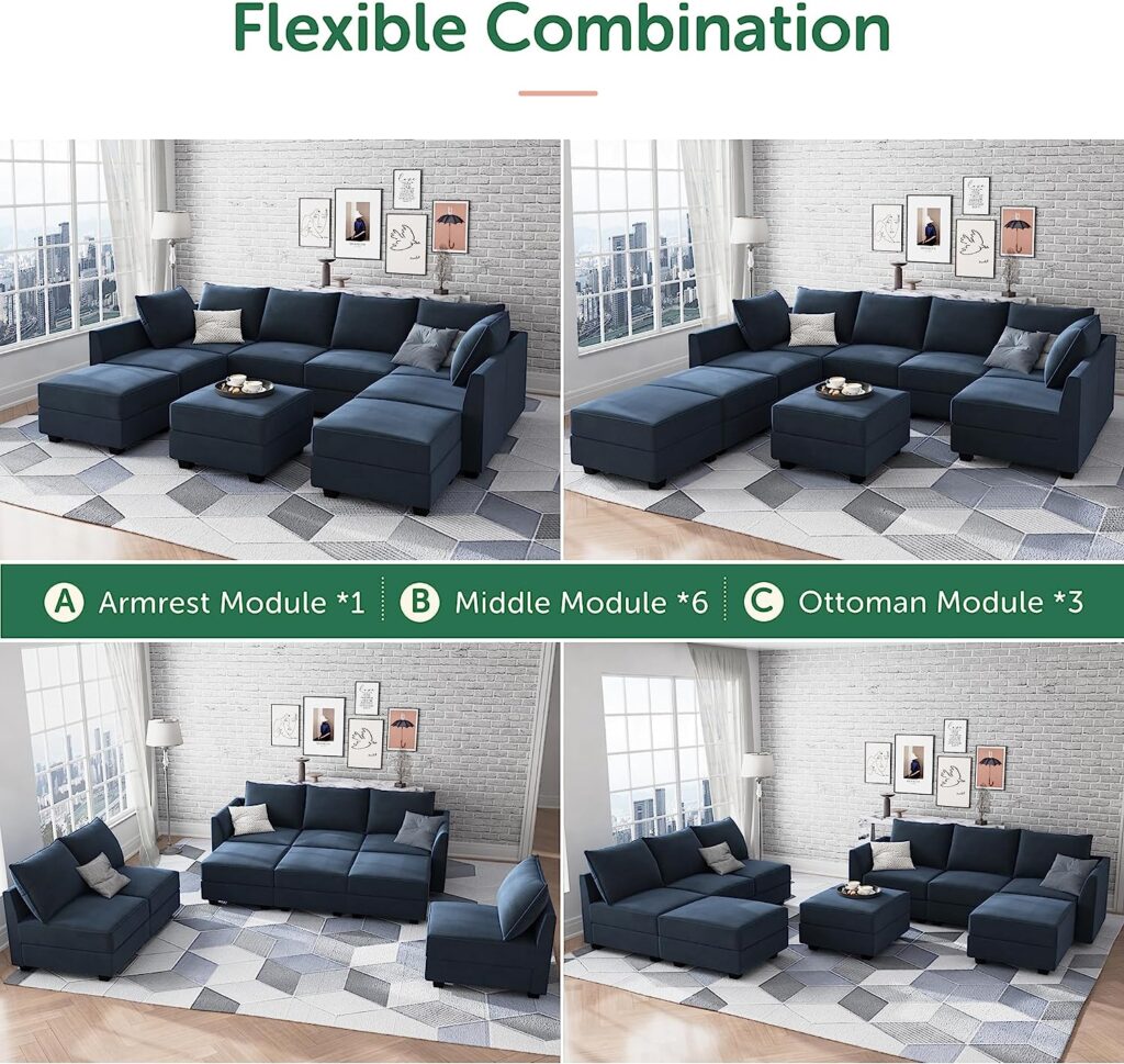 HONBAY Modular Sectional Sofa Set Oversized U Shaped Couch with Storage Ottoman Convertible Sleeper Sectional Sofa Velvet Modular Couch with Wide Chaise, Dark Blue