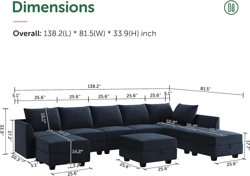 HONBAY Modular Sectional Sofa Set Oversized U Shaped Couch with Storage Ottoman Convertible Sleeper Sectional Sofa Velvet Modular Couch with Wide Chaise, Dark Blue