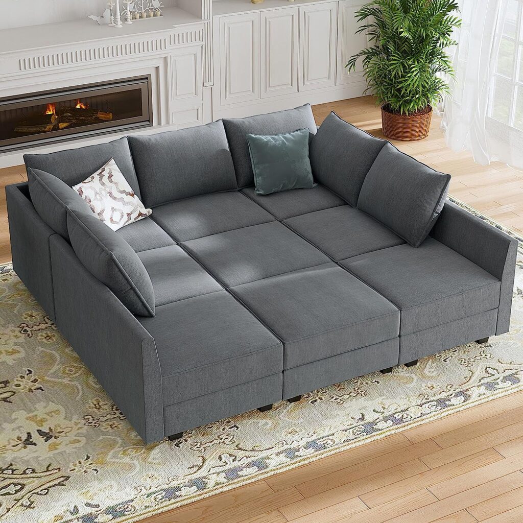 HONBAY Modular Sofa Sectional Couch U Shape Sofa with Ottomans Reversible Sectional Sleeper Sofa Modular Couch Bed with Storage, Bluish Grey