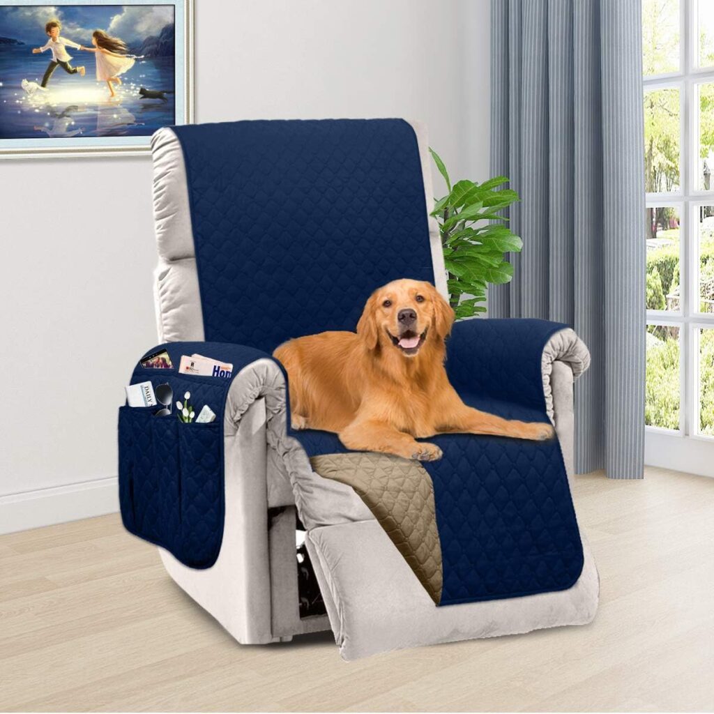 Honest Reversible Recliner Slipcover, Water Resistant Recliner Chair Cover with Side Pockets,Washable Recliner Protector Cover with Elastic Straps for Pets Kids Children Dog(23In,Navy BlueBrown)