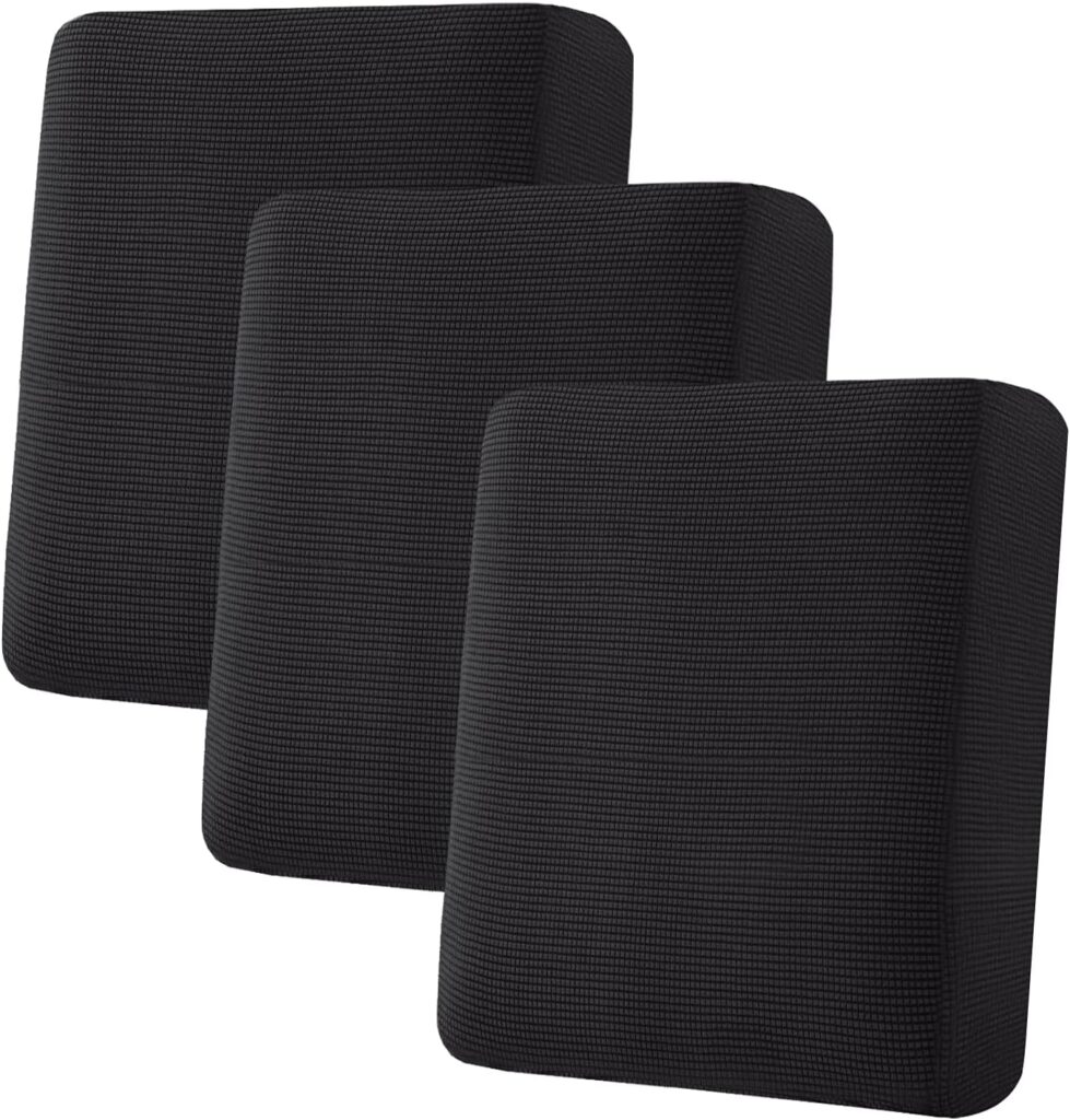 H.VERSAILTEX Super Stretch Individual Seat Cushion Covers Sofa Couch Slipcover Sets Thick Jacquard Textured Twill Fabric (3 Piece Covers, Black)