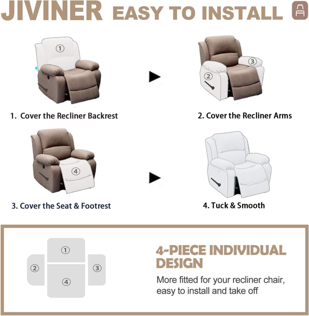 JIVINER Newest Design 4-Piece Recliner Chair Covers Stretch Jacquard Covers for Recliner Chair Recliner Slipcovers for Living Room Soft Recliner Protector with Pocket (Recliner, Dark Coffee)