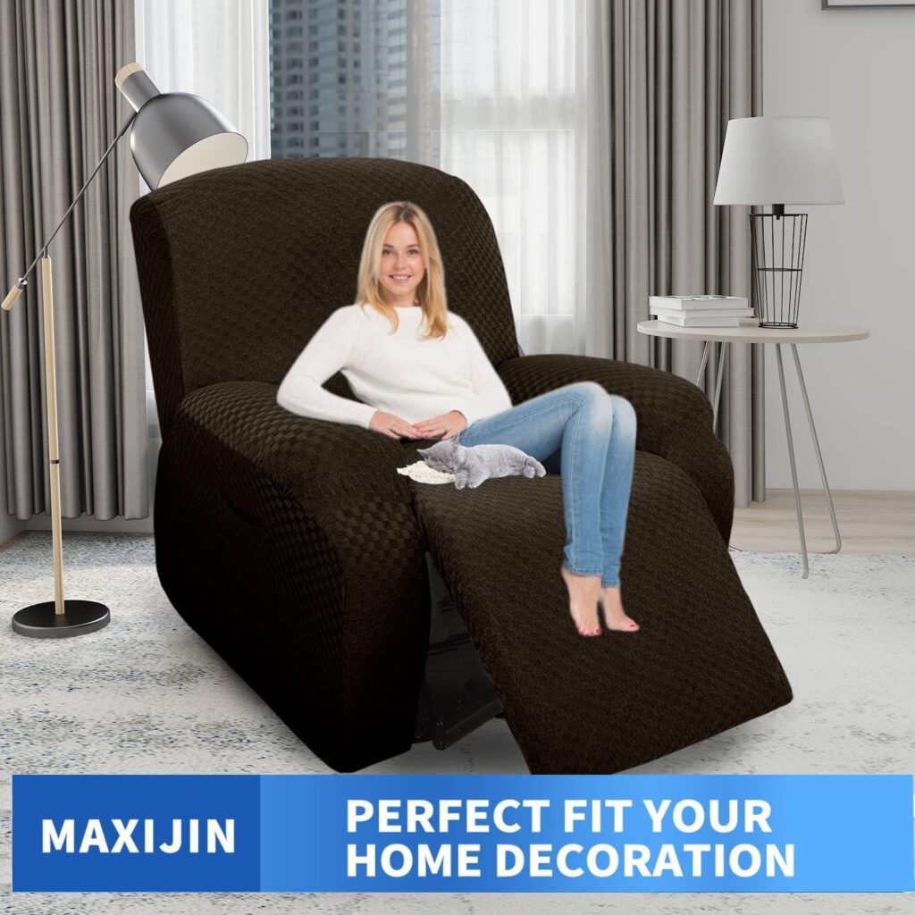 MAXIJIN Newest Recliner Slipcovers for Living Room 4 Pieces Stretch Jacquard Recliner Chair Cover Soft Fitted Recliner Protector with Elastic Bottom for Kids, Pets (Recliner, Dark Coffee)