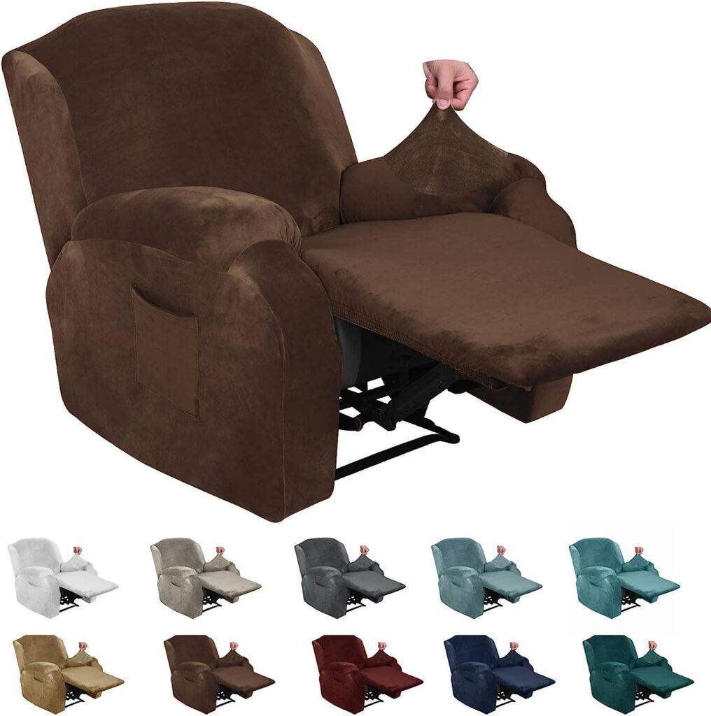 MAXIJIN Velvet 4 Piece Recliner Cover Stretch Plush Soft Cover for Recliner Chair Thick Soft Recliner Chair Slipcover Separate Chair Cover for Recliner with Side Pocket (Recliner, Dark Coffee)