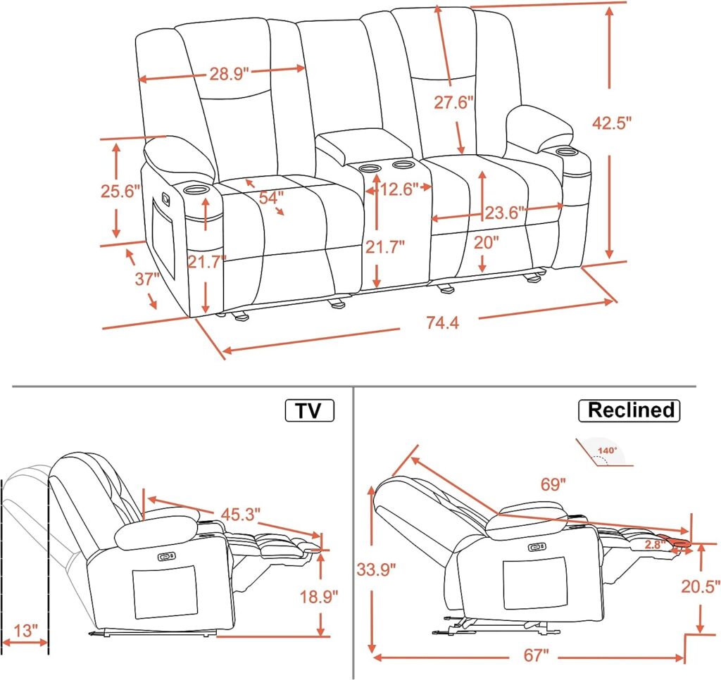 MCombo Fabric Power Loveseat Recliner, Electric Reclining Loveseat Sofa with Heat and Massage, Cup Holders, USB Charge Port for Living Room 6045 (with Console, Brown)