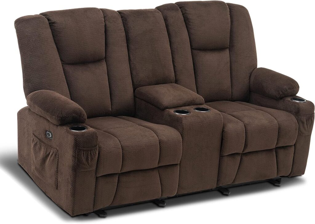 MCombo Fabric Power Loveseat Recliner, Electric Reclining Loveseat Sofa with Heat and Massage, Cup Holders, USB Charge Port for Living Room 6045 (with Console, Brown)