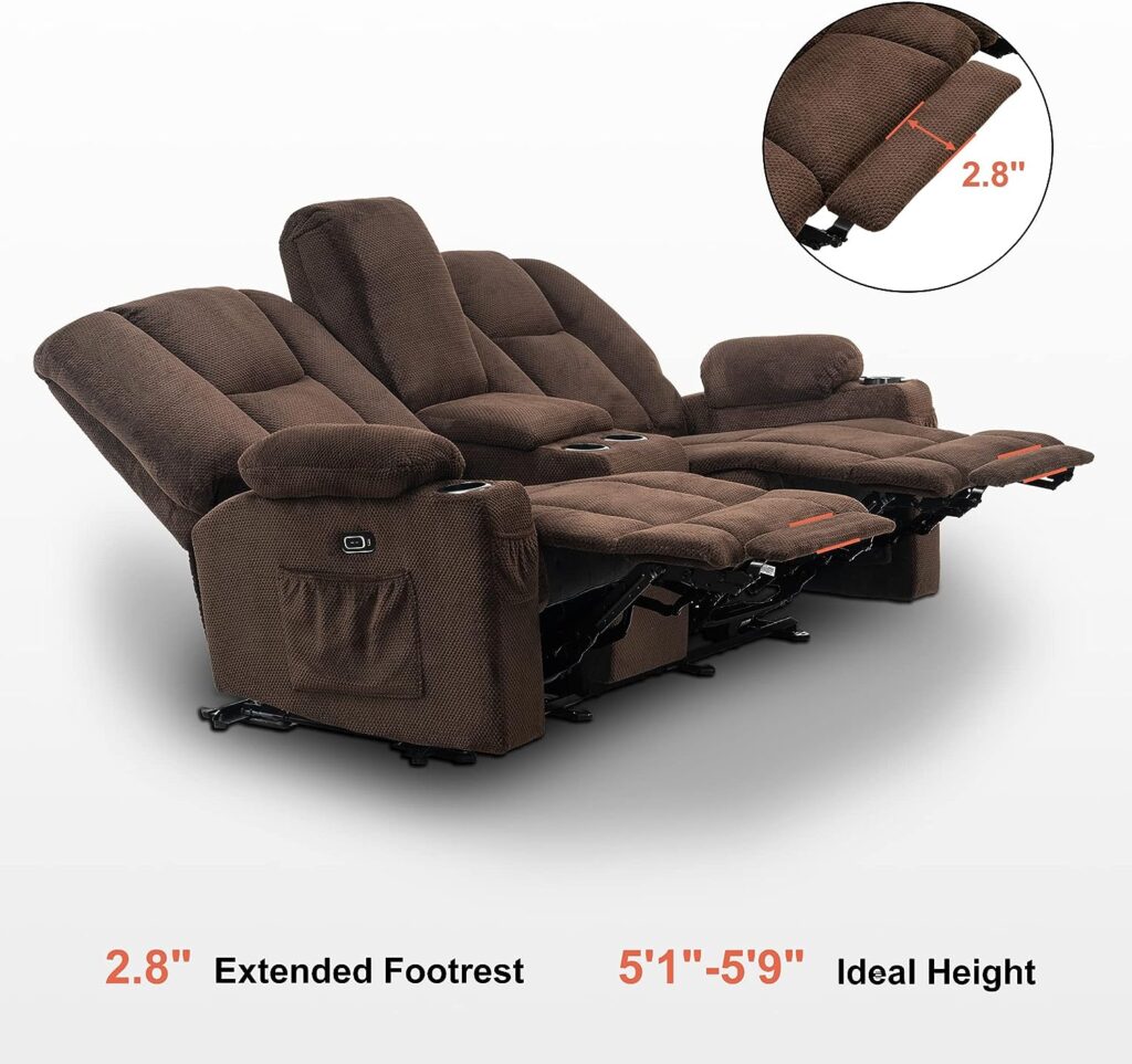 MCombo Fabric Power Loveseat Recliner, Electric Reclining Loveseat Sofa with Heat and Massage, Cup Holders, USB Charge Port for Living Room 6045 (with Console, Brown)