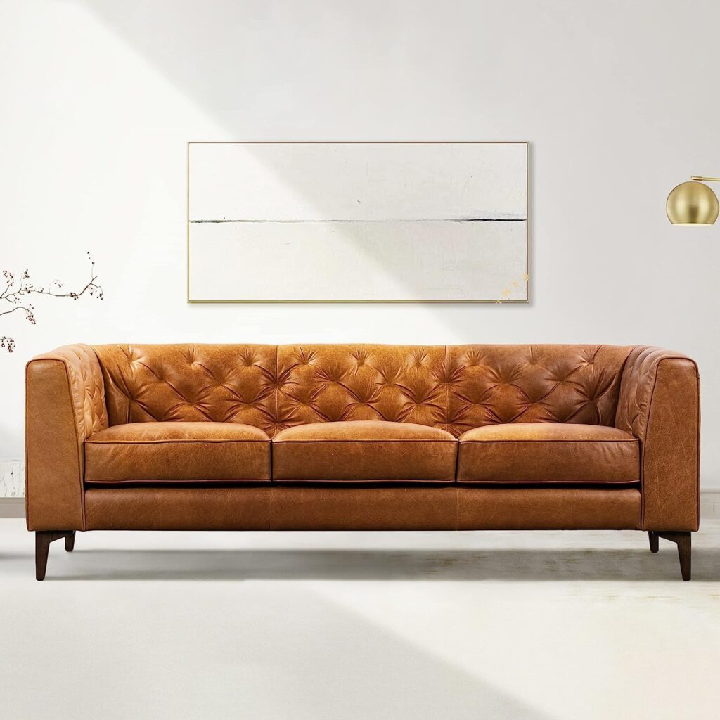 POLY  BARK Essex Leather Couch â 89-Inch Leather Sofa with Tufted Back - Full Grain Leather Couch with Feather-Down Topper On Seating Surfaces â Vintage Pure-Aniline Italian Leather â Cognac Tan