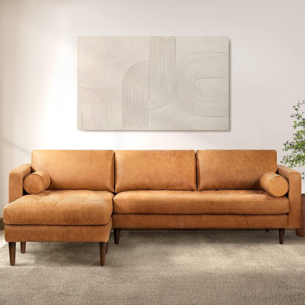 POLY  BARK Napa Leather Couch – Left-Facing Sectional Leather Sofa with Tufted Back - Full Grain Leather Couch with Feather-Down Topper On Seating Surfaces – Pure-Aniline Italian Leather – Cognac Tan