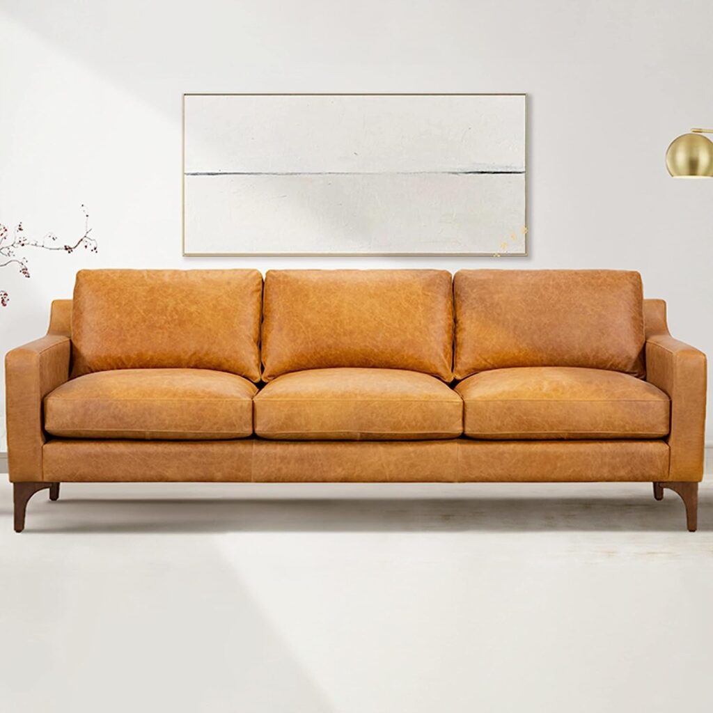 POLY  BARK Sorrento Leather Couch â 86-Inch Leather Sofa with Tufted Back - Full Grain Leather Couch with Feather-Down Topper On Seating Surfaces â Pure-Aniline Italian Leather â Cognac Tan