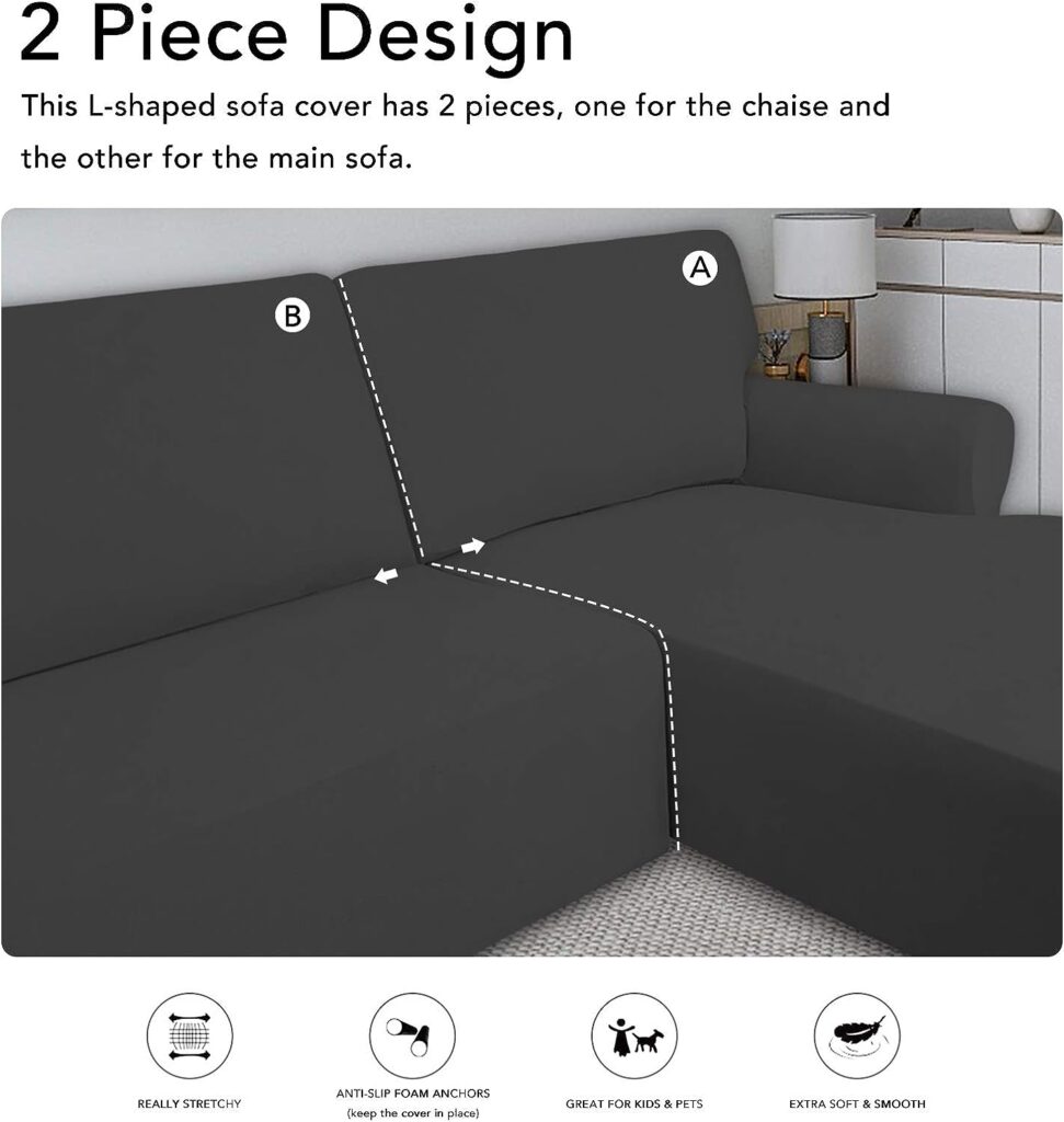 PureFit Super Stretch Sectional Couch Covers - 2 pcs Spandex Non Slip Sofa Covers with Elastic Bottom for L Shape Sectional Sofa Couch, Great for Kids  Pets (3 Seat Sofa + 3 Seat Chaise, Dark Gray)