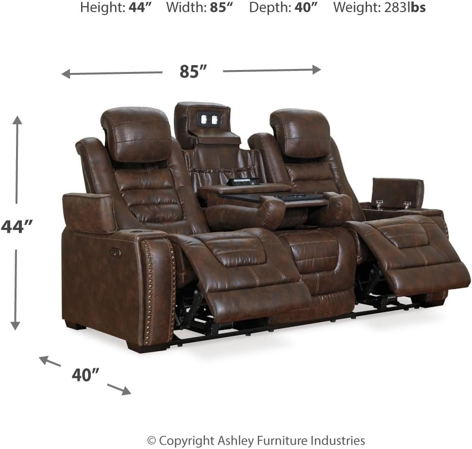 Signature Design by Ashley Game Zone Faux Leather Adjustable Power Reclining Sofa with Cup Holders and Storage, Brown