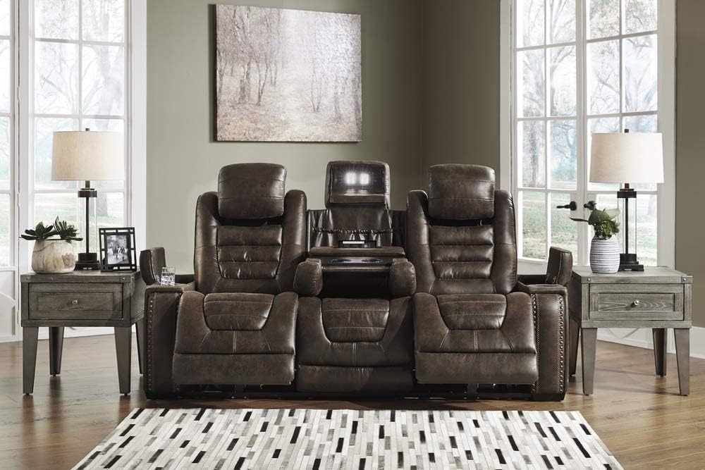 Signature Design by Ashley Game Zone Faux Leather Adjustable Power Reclining Sofa with Cup Holders and Storage, Brown