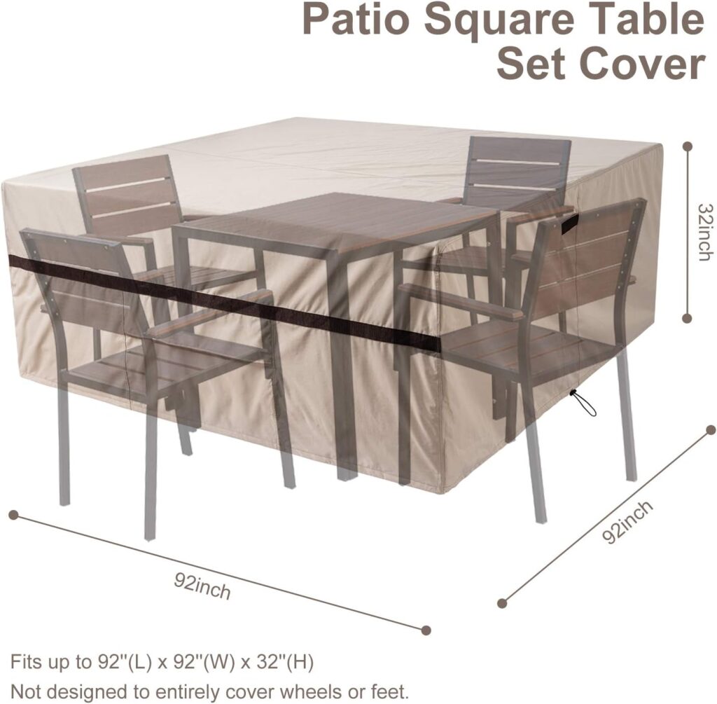 Square Patio Table Cover 92L x 92W x 32H Waterproof 600D Patio Dining Table and Chairs Cover Square Large